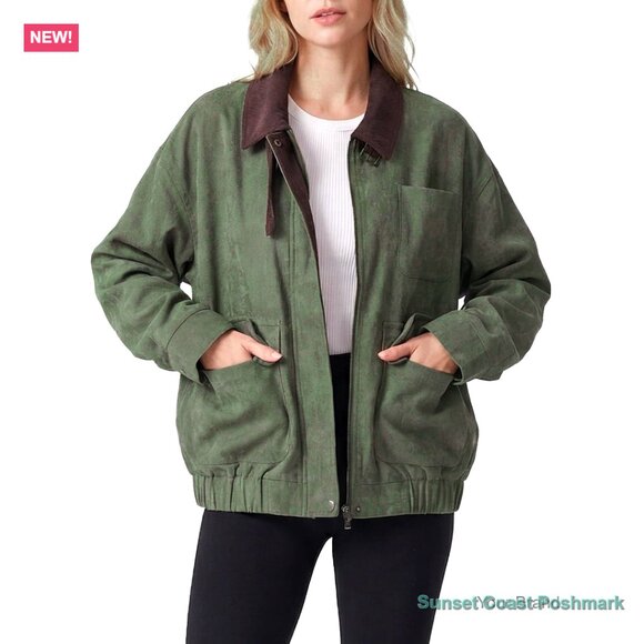 Faux Suede Leather Jacket Oversized Bomber Barn Coat Corduroy Collar